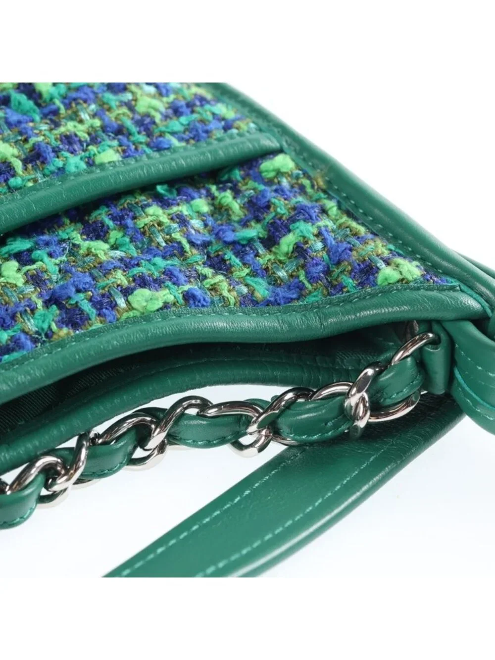 Chanel Quilted Hobo Shoulder Bag Tweed Leather Green Blue Silver